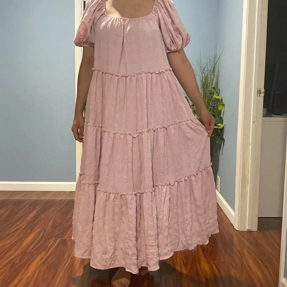 LuLu’s Tiers My Dear Blush Puff Sleeve Tiered Maxi Dress Small Cottagecore Boho - Picture 2 of 7